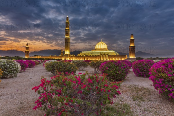 Countryside, Oman, Mosque, blue hour, Illuminated, Building, Architecture, Sultan Qabus Grand