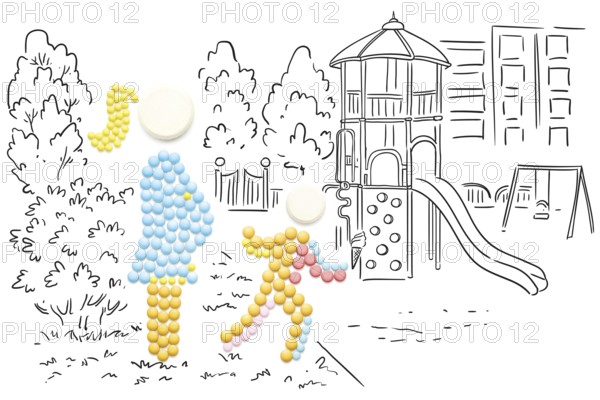 Creative medicine and healthcare concept of pills, pregnant woman walking in park with another