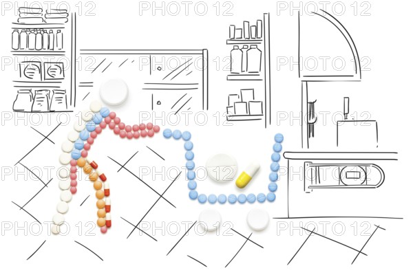 Creative medicine and healthcare concept of pills, drugs in shopping trolley, made on sketchy