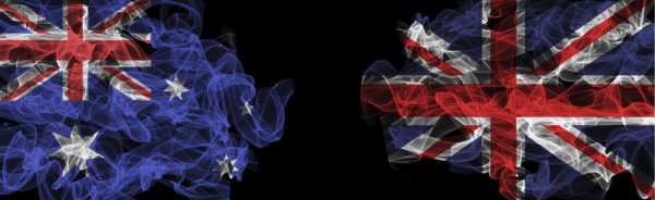 Flags of Australia and the United Kingdom on a black background, Australia vs. United Kingdom Smoke
