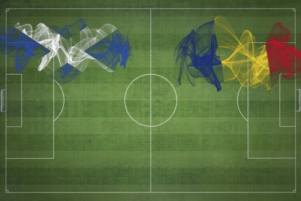 Scotland vs Romania Soccer Match, national colors, national flags, soccer field, football game,