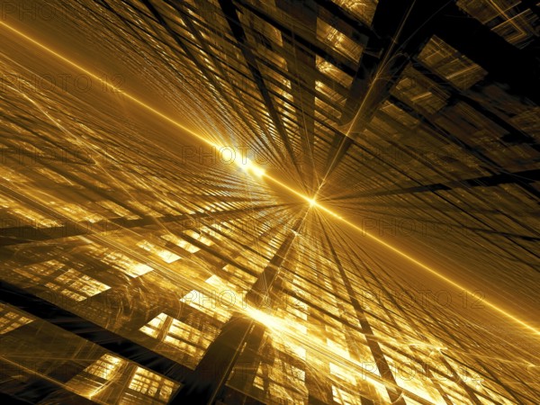 Golden fractal background with diagonal inlined surface, grid and glowing lines and curves like
