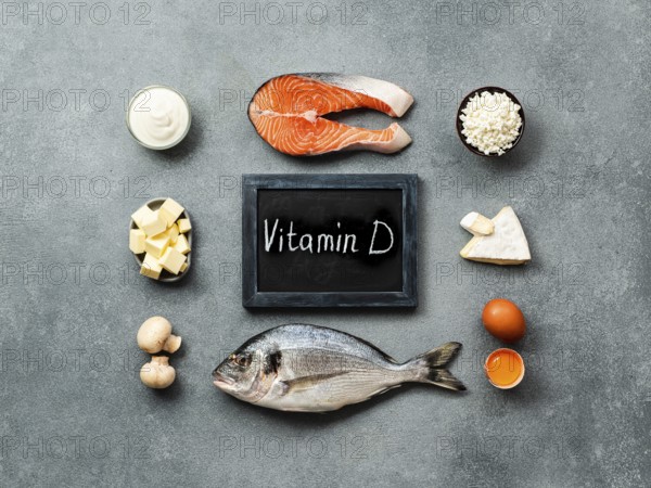 Vaitamin D sources concept. Fish, salmon, dairy products, eggs, mushrooms and chalkboard with