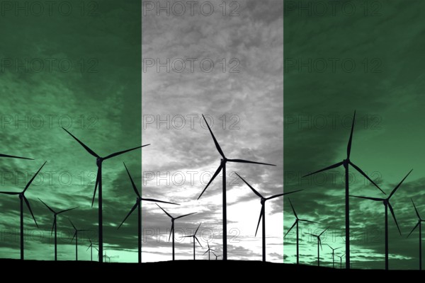 Nigeria flag wind farm at sunset, sustainable development, renewable energy Wind Turbines