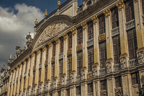 Close-up of the rich and elegant decoration on the historic buildings at Grand Place of Brussels.