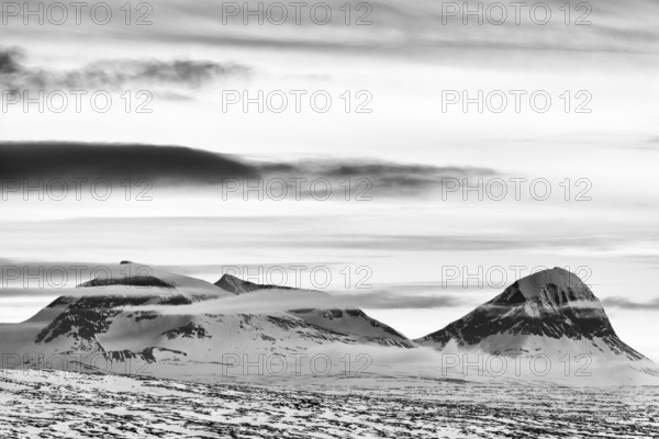 View of peaks in Sarek National Park, Laponia World Heritage Site, Norrbotten, Lapland, Sweden, May