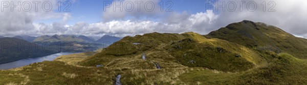 Panorama on the summit path to Ben Lomond with mountain lake, Loch Lomond and the Trossachs
