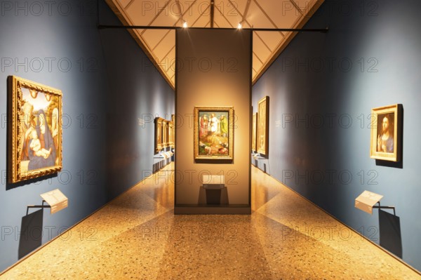 Milan, Italy, 23 September 2023: Brera antique painting museum interior. Vintage art exibition,