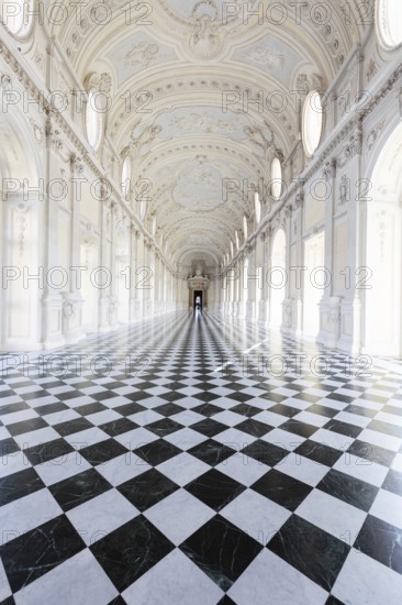 Reggia di Venaria Reale, Italy, October 2022: corridor perspective, luxury marble, gallery and