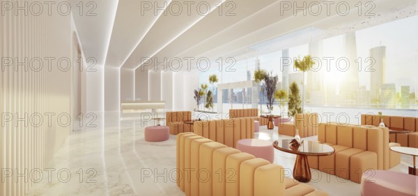 Interior of modern entrance hall in modern office building with reception counter and waiting area