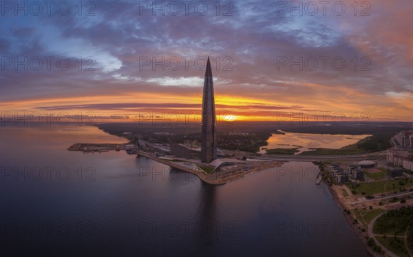 SAINT-PETERSBURG, RUSSIA, JUNE 20, 2019: Lakhta Center Tower Silhouette at Sunset. Aerial View.