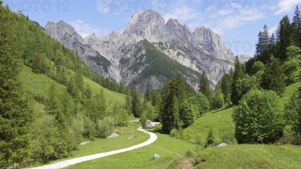 Dyllic hiking trail in the Klausbach valley near Ramsau (near Berchtesgaden) with a view of the