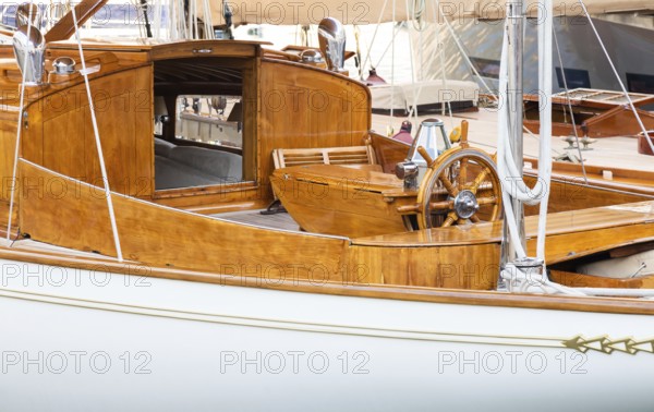 Luxury yacht. Comfortable expensive wooden design and furniture for holiday recreation tourism or