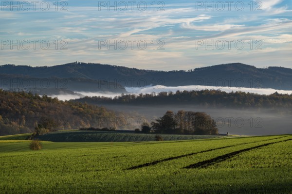 A hilly landscape shrouded in morning mist with green fields and forests in autumn light,