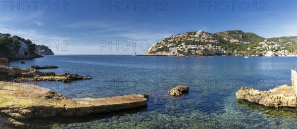 A panorama landscape view of the idyllic natural port and harbour town of Andratx in eastern