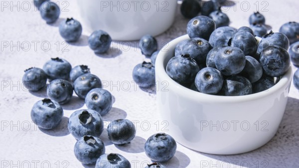 Fresh blueberries background with copy space. Blueberry antioxidant organic superfood in bowls
