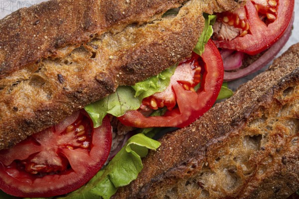 Close-up macro of dark ciabatta sandwich with green salad, ripe red tomatoes and tuna. Vegetable