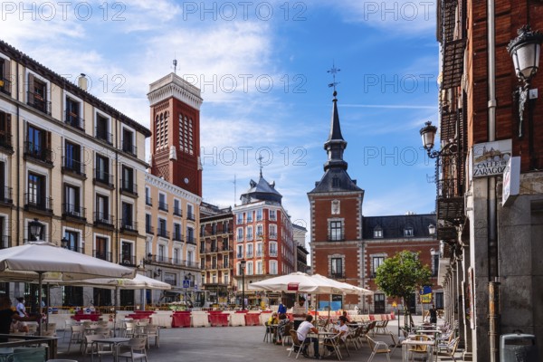 Madrid, Spain, May 8, 2021: Cafe in the Square of Santa Cruz in historical centre of Madrid.