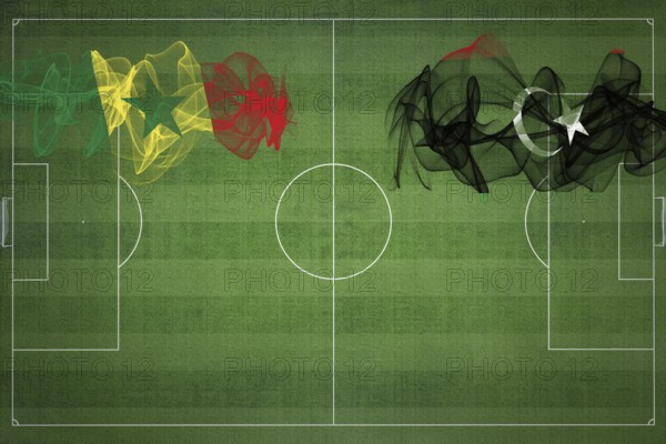 Senegal vs Libya Soccer Match, national colors, national flags, soccer field, football game,