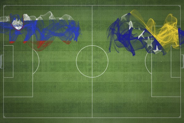 Slovenia vs Bosnia and Herzegovina Soccer Match, national colors, national flags, soccer field,
