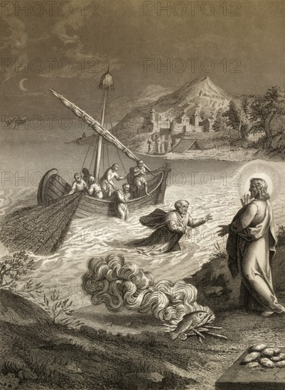 The miraculous catch of 153 fish, Resurrection of Jesus, New Testament, steel engraving 1853,