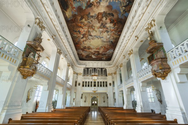 The organ loft with ceiling fresco of the Roman Catholic Church of St Verena, Bad Wurzach, Allgäu,