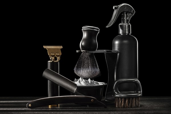 Black Tools Of Barber. Straight Edge Barber Razor Shaving Brush On Stand Beard Brush Professional