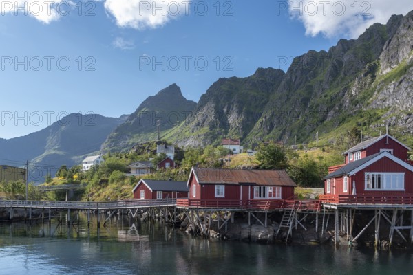 Village scene with traditional fishermen's houses, the so-called rorbuer, in the background the