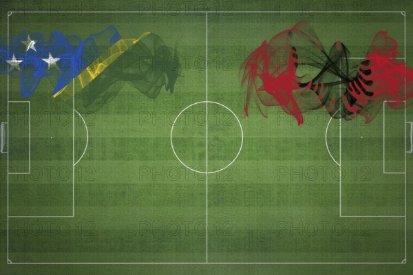 Solomon Islands vs Albania Soccer Match, national colors, national flags, soccer field, football