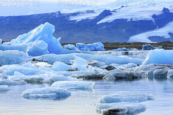 Jökulsarlon glacier lagoon, icebergs with glacier, Vatnajökull National Park, Hornafjörður, South