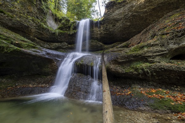 A waterfall flows over moss-covered rocks in a secluded forest, covered with autumn leaves,