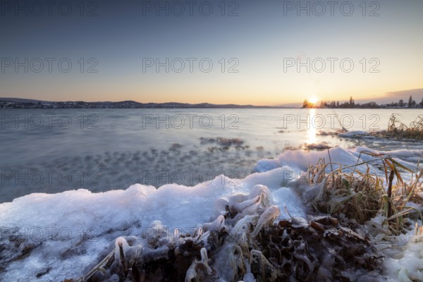 Snow-covered and icy shore of a lake at sunrise, Niederzell, Reichenau, Lake Constance,