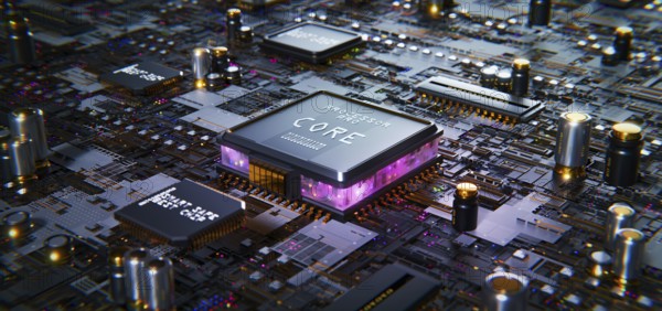 Smart technology circuit board. High performance processors CPU and motherboard chip concept. 3d