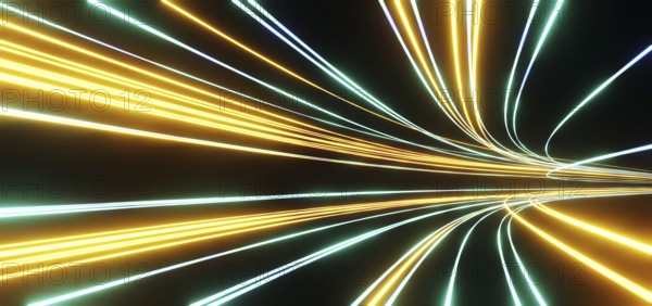 Dark background with colorful track of glowing lines, curve path of speed lights, futuristic speedy