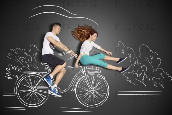 Happy valentines love story concept of a romantic couple against chalk drawings background. Male