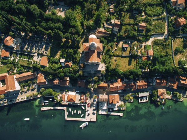 Prcanj, Montenegro The Bay of Kotor. Church of the Nativity of the Virgin. Aerial photography,