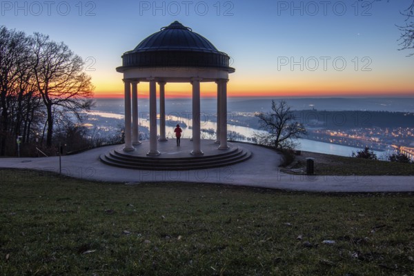 Beautiful temple in a landscape shot. Sunrise on a winter morning. Beautiful view along the Rhine