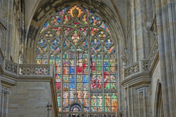 Gothic cathedral with a colorful, intricate stained glass window and open arches allowing light in,
