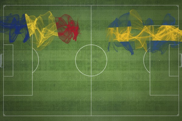 Romania vs Sweden Soccer Match, national colors, national flags, soccer field, football game,