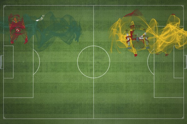 Turkmenistan vs Spain Soccer Match, national colors, national flags, soccer field, football game,