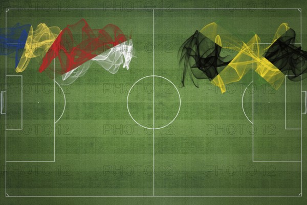 Seychelles vs Jamaica Soccer Match, national colors, national flags, soccer field, football game,
