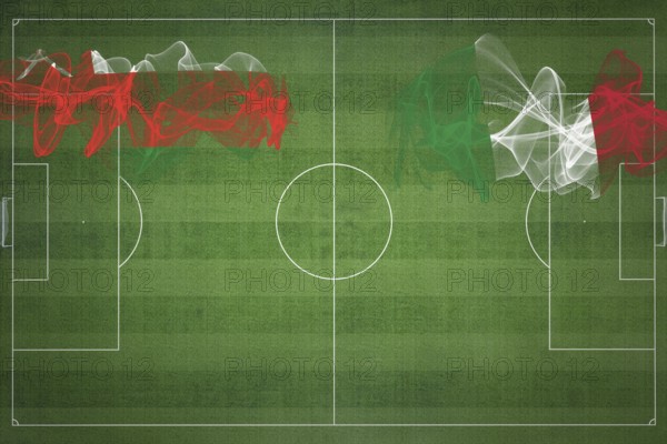 Oman vs Italy Soccer Match, national colors, national flags, soccer field, football game,