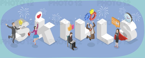 3D Isometric Flat Illustration of Skills Banner, Essential Knowledge And Understanding For