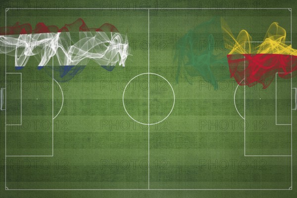 Netherlands vs Benin Soccer Match, national colors, national flags, soccer field, football game,