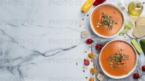 Gaspacho soup on white marble tabletop. Two bowls of traditional spanish cold soup puree gaspacho