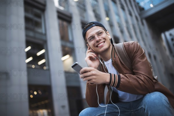 Man Sitting Listening Music Earphones Concept. Cheerful young guy listening the music