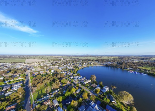 NAGAMBIE, AUSTRALIA, SEPTEMBER 25 2023: Late spring afternoon aerial views of Nagambie township and