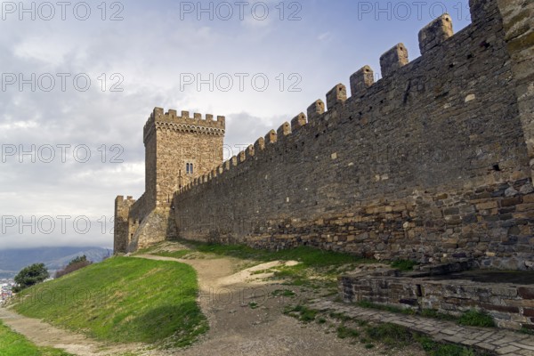 Genoese fortress in Sudak, Crimea.The Citadel and the wall of the upper tier of defense. Cloudy