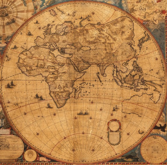 Genova, Italy, 8 August 2023: Spinola Palace. Authentic antique map shows the world known to