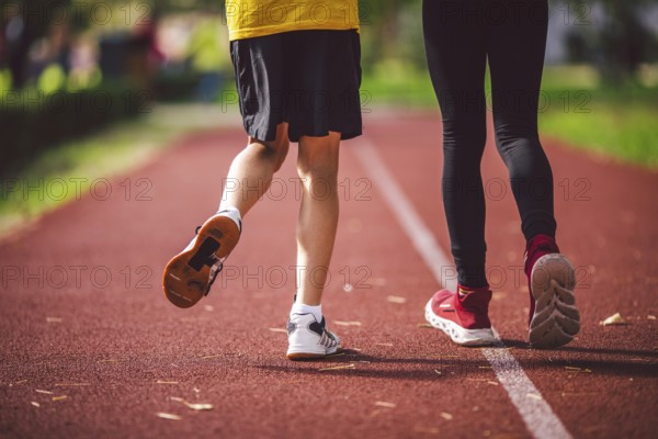 Close-up of the legs in trainers of two children on the running track in the stadium, back view.